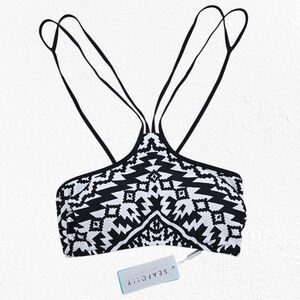 Seafolly Black White Tribal Aztec Print Strappy Bikini Top Swimwear Size 8 NWT